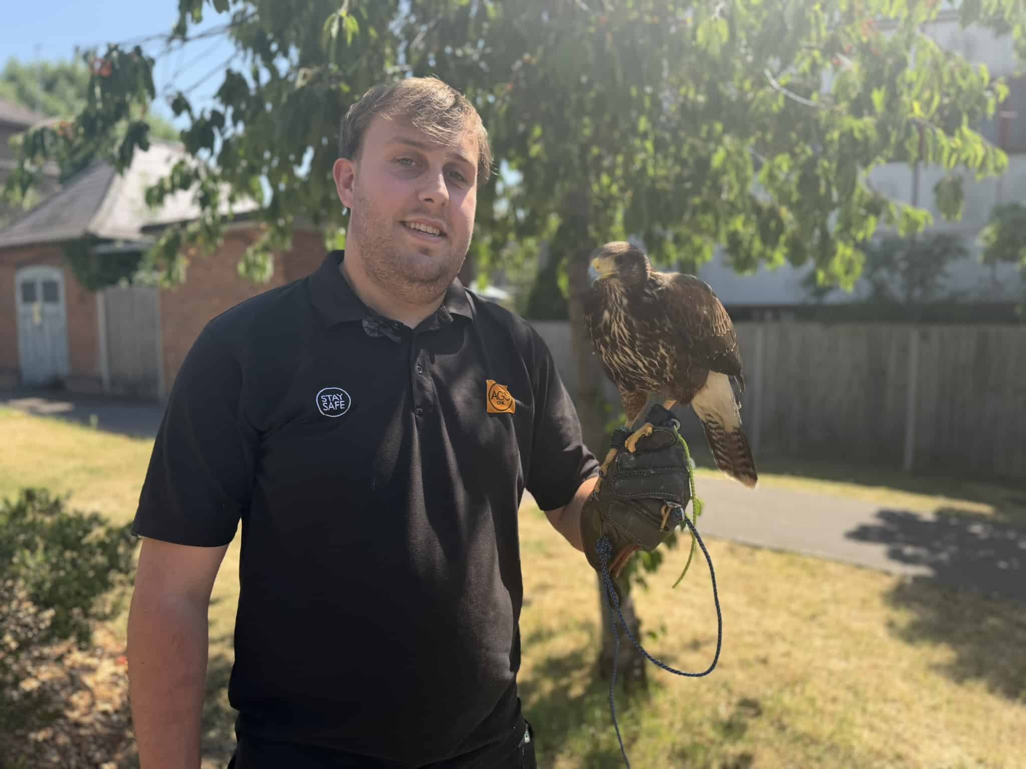 Tex the hawk and his handler Harrison are protecting the hospital’s safety